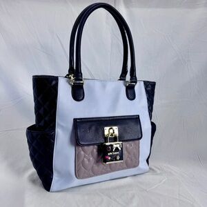 Betsey Johnson Shoulder Bag 2-in-1 Pin Tote Quilted Black Ice Blue Gold Hardware